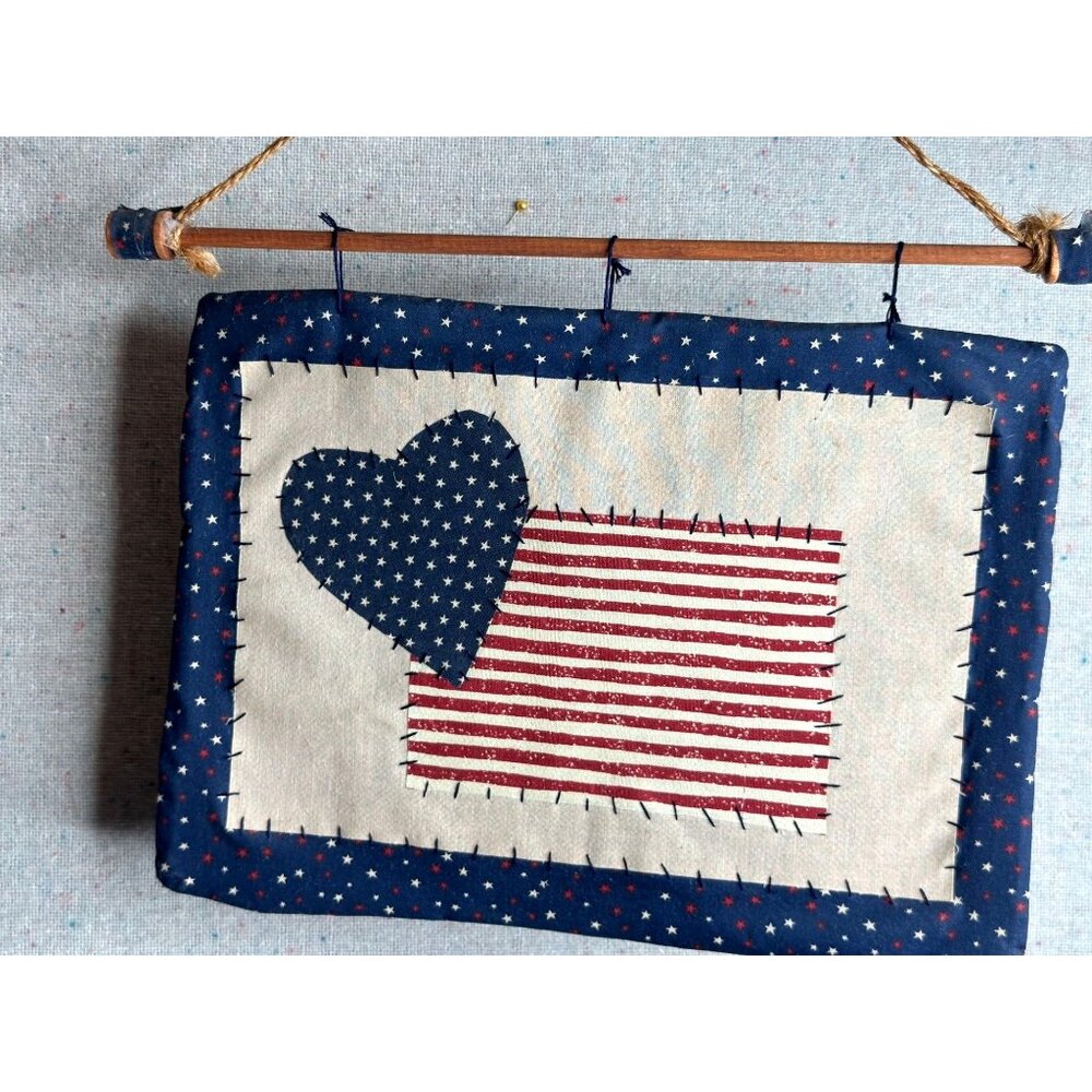 Americano Wall Hanging Red White Blue Heart Stitched Crafty  USA Love 11 x 8